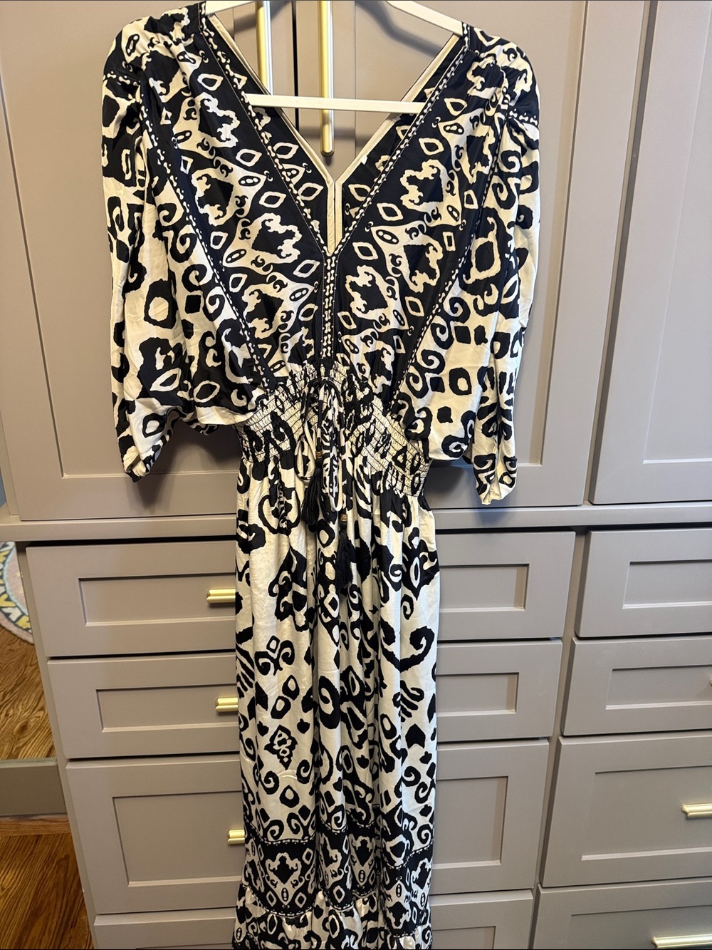 Black & White Printed V-Neck Smocked Waist Maxi Dress